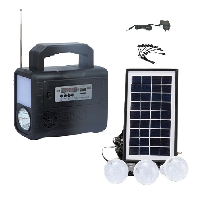 Kit Solar Lanterna LED Radio USB 3 Becuri 6V4Ah GDPLUS GD8028