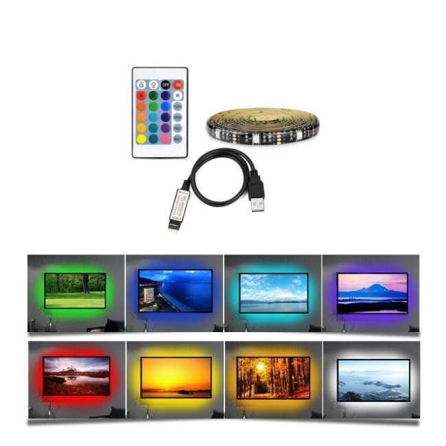 Kit TV Banda 2m 60 LED RGB 5050 IP65 Alimentare USB, cu Telecomanda