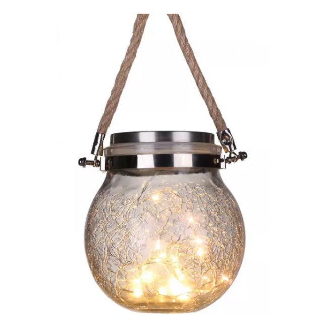 Lampa Solara Borcan Sticla Crack, Felinar Solar IP65 Glob LED Alb Cald