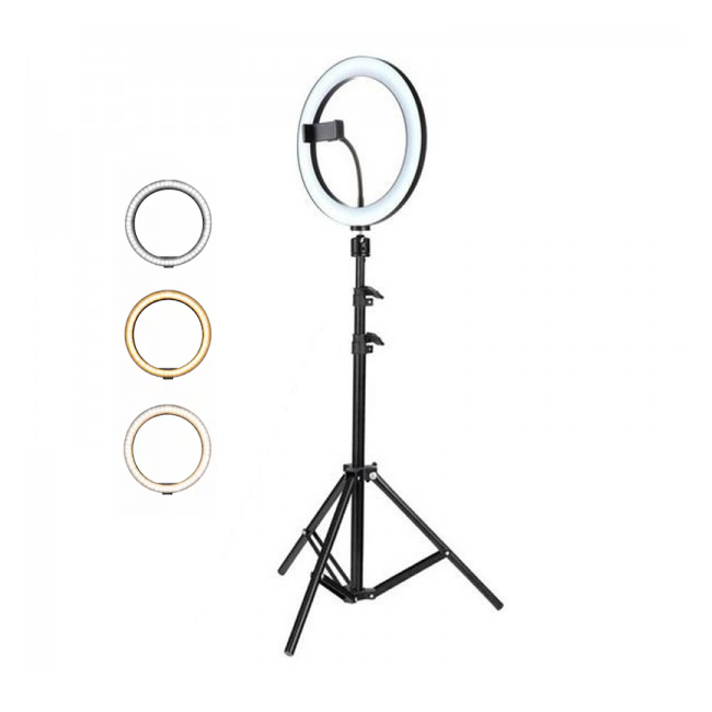 Lampa Vlogger Circulara Neon 3 Nuante Alb Telecomanda pe Fir 96LED 10Inch 26cm cu Trepied