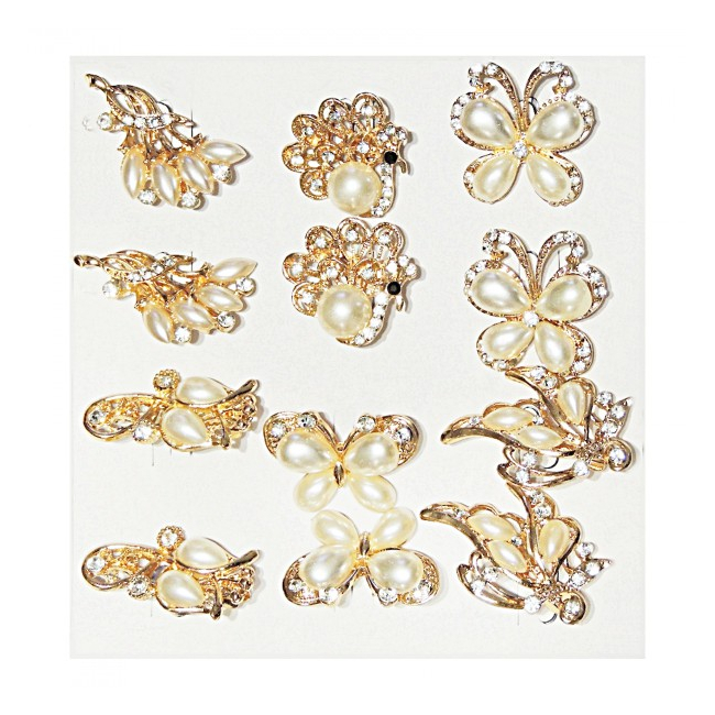 Martisoare 1 Martie Set 12 Brose Fantezie Aurii cu Cristale si Perle