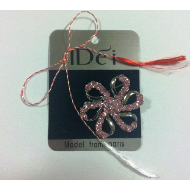Martisor Brosa Argintie Floare cu Strasuri Roz XZ115