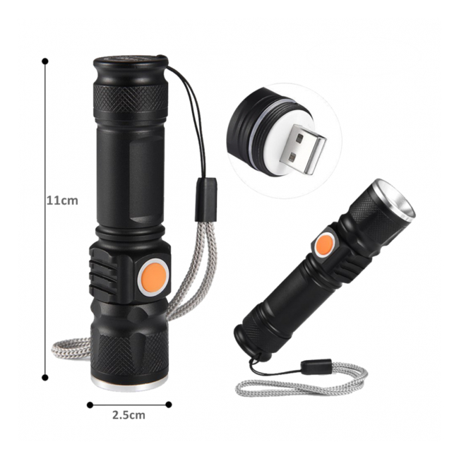 Mini Lanterna LED 3W Compacta, Zoom si Incarcare Directa USB BL515T6