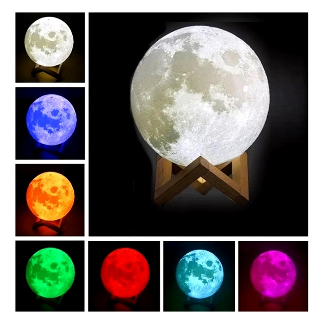 Moon Lamp 3D 15cm Lampa Luna LED Multicolor Stand Lemn USB