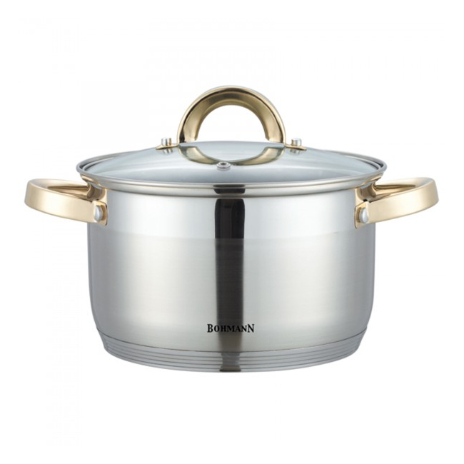 Oala Inox cu Capac Sticla si Manere Aurii 6.6L 24cm Bohmann BH1424G