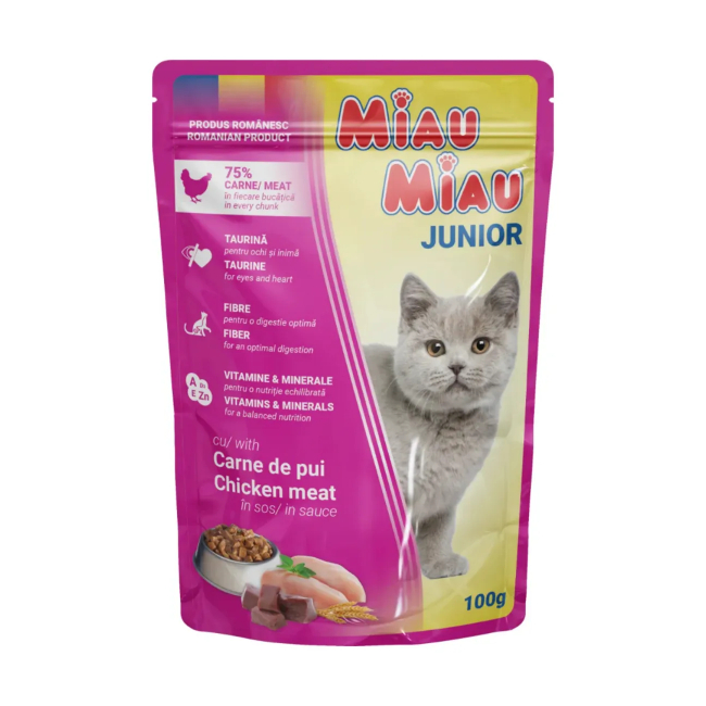 Pachet 5 Plicuri hrana umeda pisici Junior Miau Miau cu Pui 5x100g DNC38733