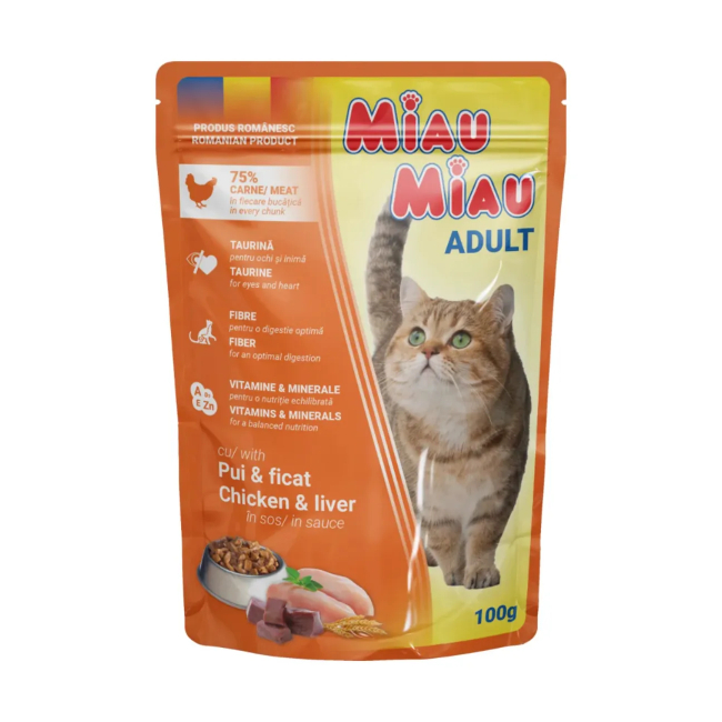 Pachet 5 Plicuri hrana umeda pisici Miau Miau cu Pui si Ficat 5x100g DNC38734