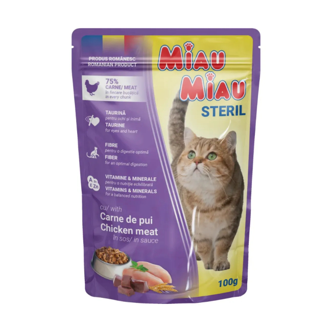 Pachet 5 Plicuri hrana umeda pisici Sterilizate Miau Miau cu Pui 5x100g DNC38729