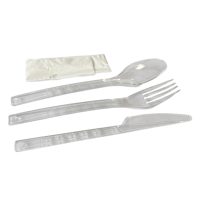 Set 100 Pachete Furculita Lingura Cutit Unica Folosinta Plastic cu Servetel CNN52245