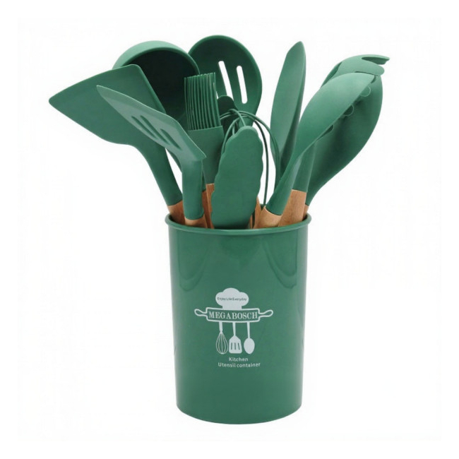 Set 12 Ustensile Bucatarie Silicon Manere Lemn, Suport DIV.Culori WX DNC59441