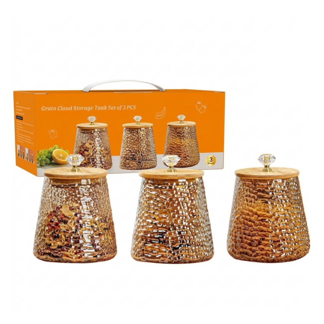 Set 3 Borcane Condimente 850ml Sticla Bambus Wei A16515 DNC68104