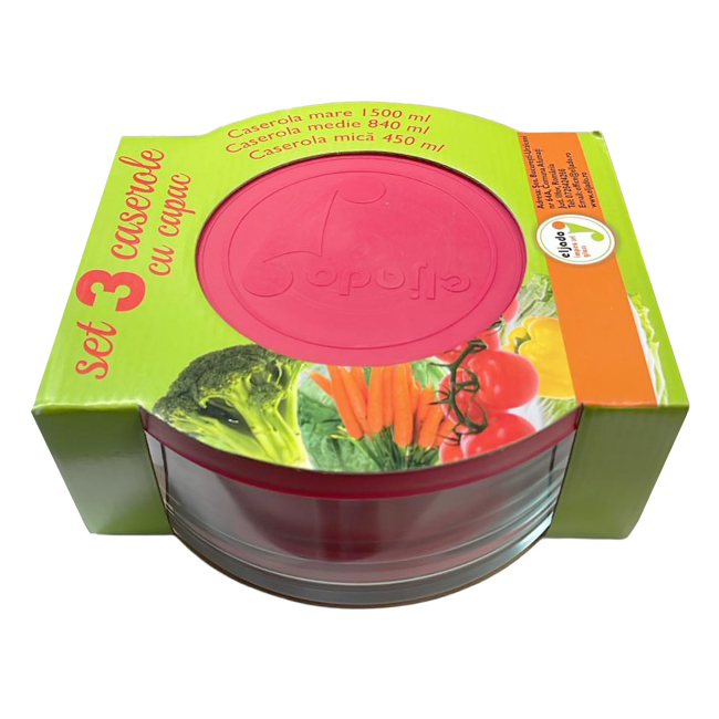 Set 3 Caserole Rotunde Sticla cu Capace 1.5l 0.84l 0.45l SE0318GCL CNN51648