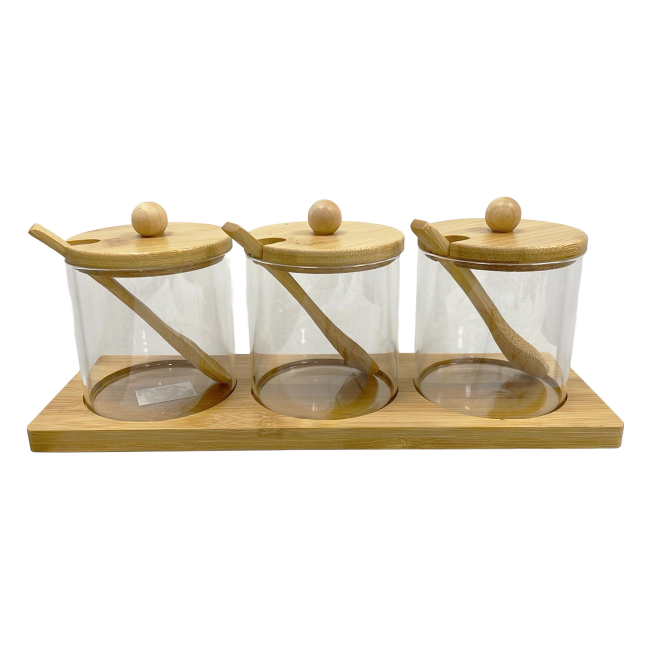 Set 3 Recipiente Condimente din Sticla cu Capac si Suport Lemn 3-45 CNN52926