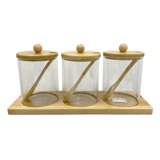 Set 3 Recipiente Condimente din Sticla cu Capac si Suport Lemn 3-46 CNN52925