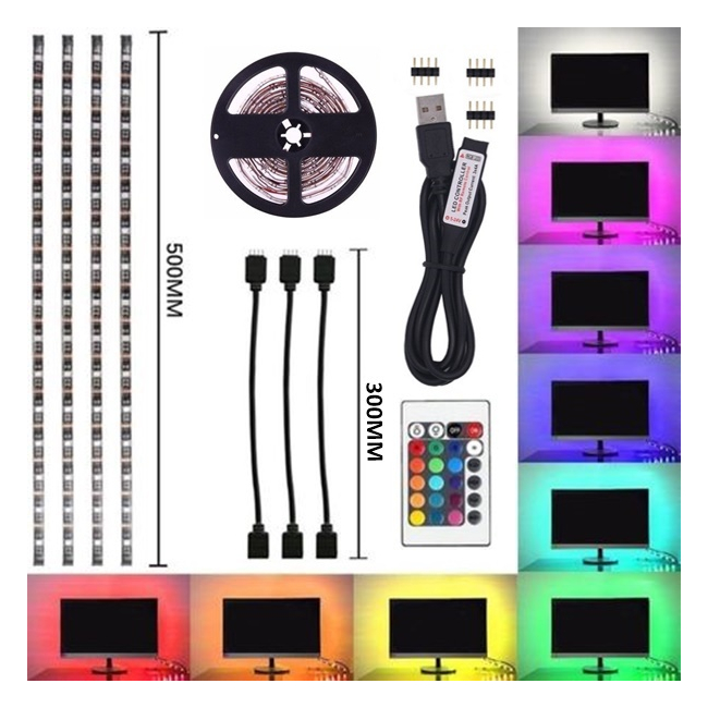 Set 4 Benzi LED RGB USB pentru Iluminare Ambientala cu Telecomanda