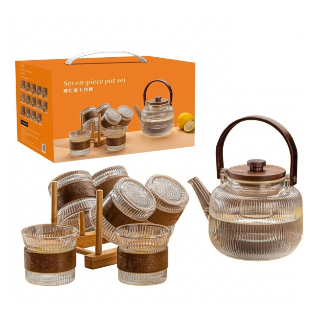 Set Ceainic 1.28L cu 6 Pahare Sticla 185ml Suport Lemn Wei A16496 DNC68108