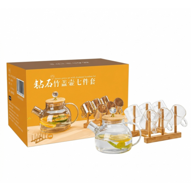 Set Ceainic 1L cu 6 Cani Sticla 100ml Suport Lemn Wei A16495 DNC68112