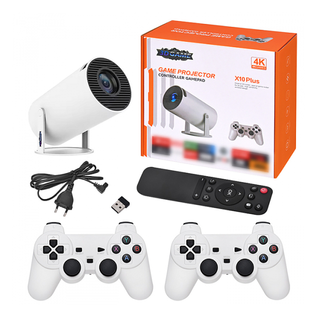 Set cu proiector de jocuri 3D X10 Plus 2 controlere 4K 60W 5G Wi-Fi 10.1x10.35cm alb