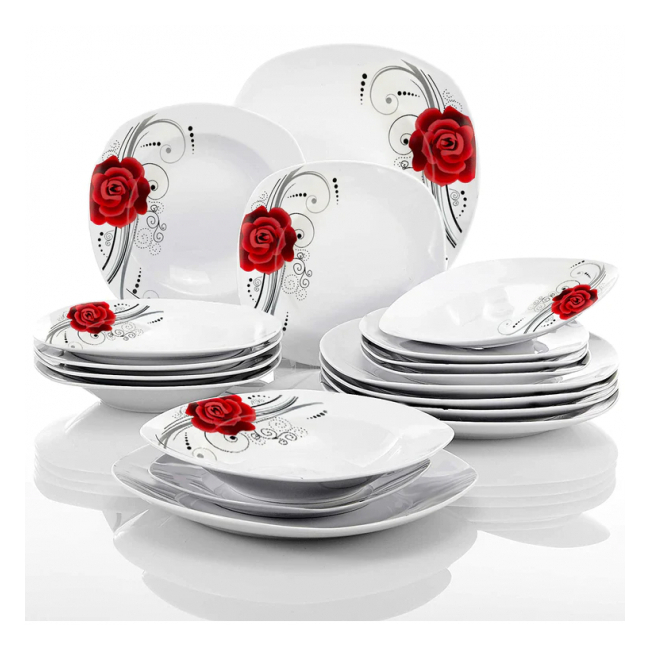 Set Masa Portelan Patrat 6 Persoane 18 piese Trandafir Rosu 1258 ArtCraft