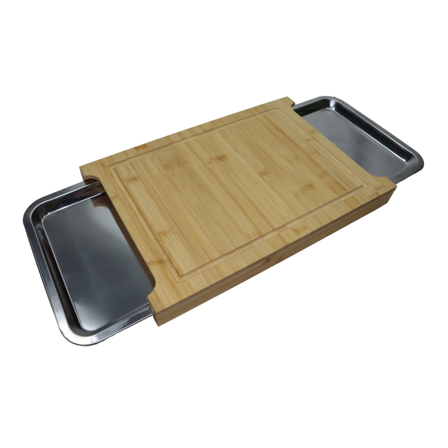 Set Tocator Bambus cu Santuri Scurgere si 2 tavi INOX 42x30x4cm GR6233