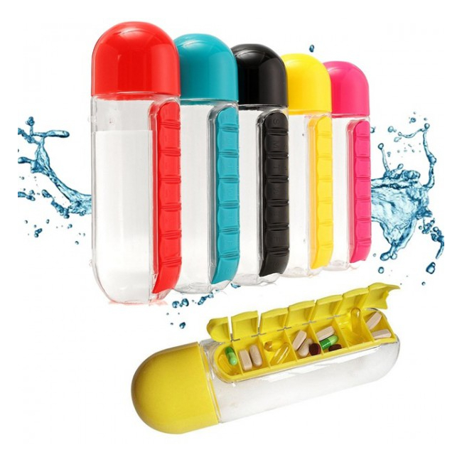 Sticla de Apa 600ml cu Organizator Pastile Detasabil Pill Organizer