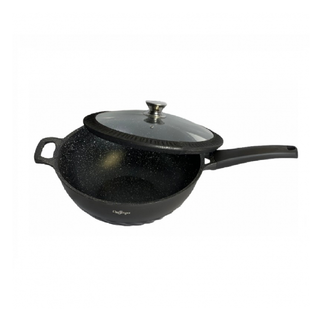 Tigaie wok interior marmorat si capac diametru 32 cm Cheffinger CF-DW32