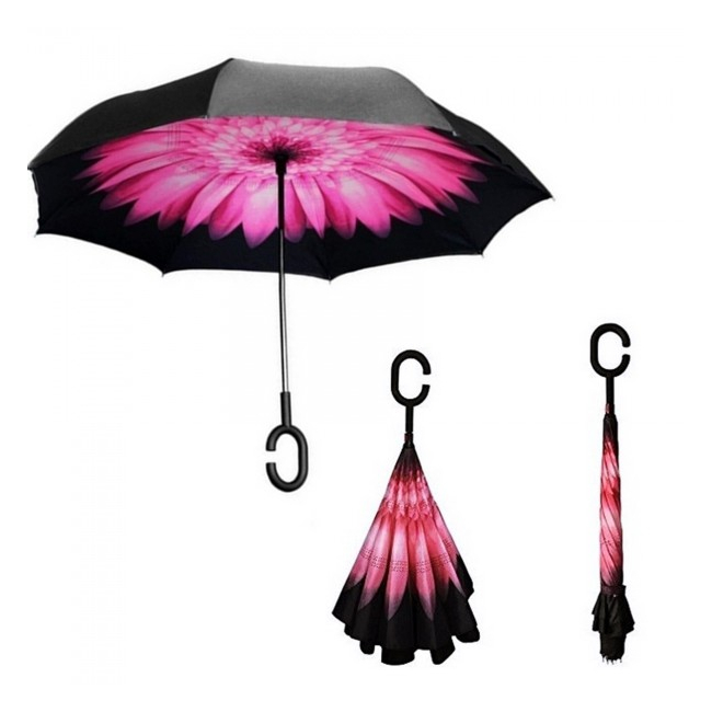 Umbrela de ploaie reversibila 100cm Imprimeu Interior Floare ROZ UM001